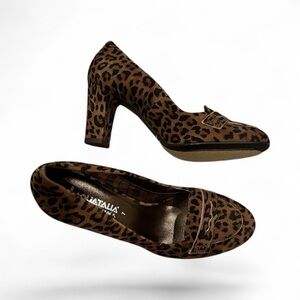Aquatalia Leopard Cheetah Animal Print Penny Loafer Chunky Block Heels 7